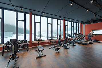 Modern ausgestatteter Fitnessraum mit Panoramafenstern bietet Ausblick auf die verschneite Winterlandschaft des Bayrischen Waldes im Familienhotel Schreinerhof.