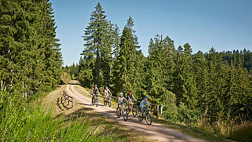 Familie beim Fahrradfahren im Familienurlaub im Schwarzwald.
