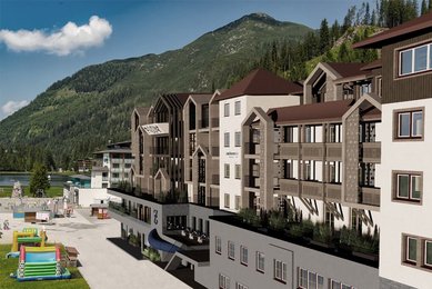 Visualisierung des Familienhotels Zauchenseehof im Sommer mit Blick auf das modernisierte Gebäude und den angrenzenden Spielbereich vor der Bergkulisse.