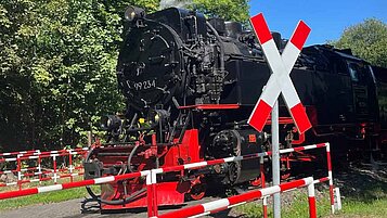 Die Harzer Schmalspurbahn fährt auf dem Gleis 