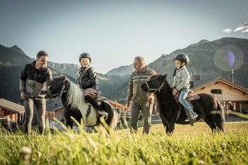 Zwei Kinder sitzen auf Ponys und werden von Erwachsenen durch die schöne grüne Almwiese geführt.