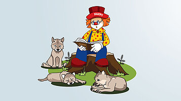 Familientipps: Happy sitzt auf einem Baumstumpf und liest Wölfen eine Märchen vor.