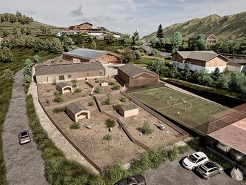 Eine Visualisierung der Übersicht des neu entstehenden Erlebnishofes mit Reithalle, Fussballplatz und Reitplatz am Allgäuer Berghof.