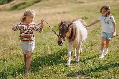 Zwei Kinder führen ein Pony über eine Wiese beim Hotel Bella Vista in Südtirol.