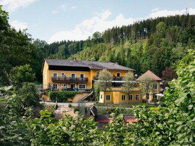 Das Kinderhotel Bruckwirt in Oberösterreich im Sommer bei Dunkelheit