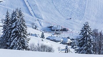 Winterlandschaft mit Skipiste des Familienhotels Hotel Engel im Schwarzwald.