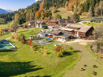 Weitläufige Hotelanlage des Familienhotels Ramsi mit Spielplatz, Sportbereich und herrlichem Bergpanorama in Kärnten.