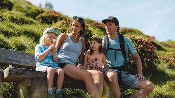 Familie sitzt auf einer Holzbank mitten in der Natur und genießt die Aussicht.