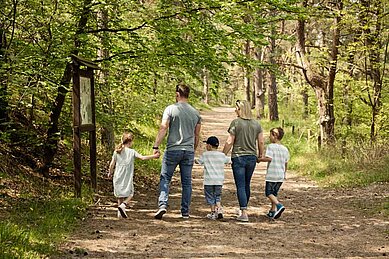 Eine Familie des Familienhotels Seeklause an der Ostsee gehen in der wunderschönen Natur spazieren.