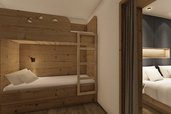 Visualisierung des neuen Kinderschlafbereichs im Familienhotel Zauchenseehof mit gemütlichen Stockbetten aus Holz und Blick in das Elternschlafzimmer.