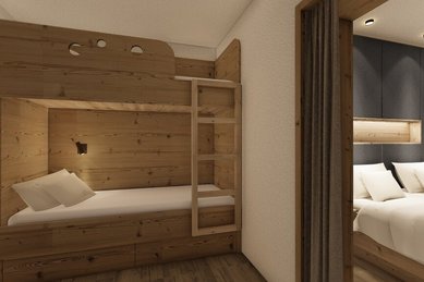 Visualisierung des neuen Kinderschlafbereichs im Familienhotel Zauchenseehof mit gemütlichen Stockbetten aus Holz und Blick in das Elternschlafzimmer.