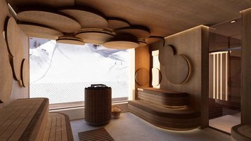 Eventsauna im Familienhotel Zauchenseehof mit großem Panoramafenster und stilvoller Holzgestaltung.