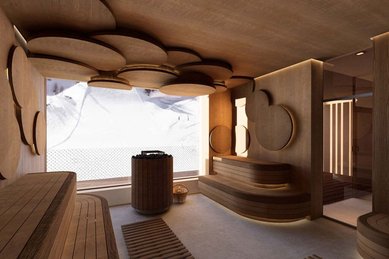 Eventsauna im Familienhotel Zauchenseehof mit großem Panoramafenster und stilvoller Holzgestaltung.