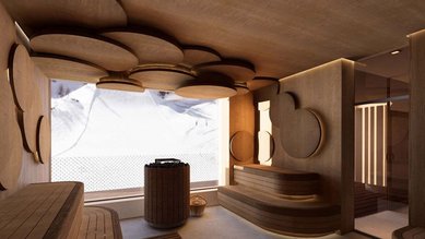 Eventsauna im Familienhotel Zauchenseehof mit großem Panoramafenster und stilvoller Holzgestaltung.