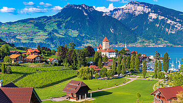 Eine kleine Stadt am See in der Schweiz.