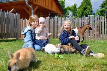 Kinder sitzen auf der Wiese im Streichelzoo des Familienhotels Rhön Feeling und kuscheln mit Kaninchen und Ziegen.