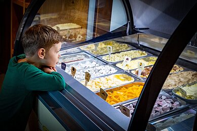 Kleiner Junge lehnt an der Eis-Theke des Hotels Alpengasthof Hochegger und sucht sich eine Eis Sorte aus.