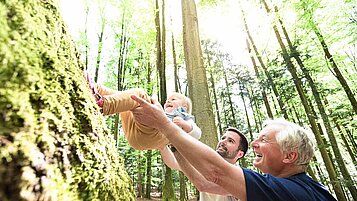 Ein Vater und Opa im Wald schwingen das Kind in die Luft