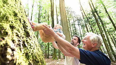 Ein Vater und Opa im Wald schwingen das Kind in die Luft