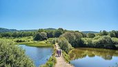Drei Personen wandern auf einem Weg am Perlsee im Bayerischen Wald bei blauem Himmel.