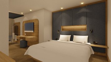 Visualisierung des neuen Elternschlafbereichs im Familienhotel Zauchenseehof mit modernem Holzdesign, gemütlicher Beleuchtung und stilvollen Details.