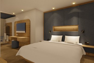 Visualisierung des neuen Elternschlafbereichs im Familienhotel Zauchenseehof mit modernem Holzdesign, gemütlicher Beleuchtung und stilvollen Details.
