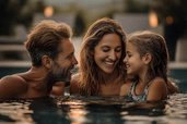 Familie entspannt lachend im Pool des Familienhotels Alpura Retreat in Südtirol bei stimmungsvollem Sonnenuntergang.