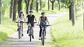Drei Personen fahren auf einem sonnigen Waldweg im Grünen Fahrrad, mit Helmen für Sicherheit, symbolisieren aktiven Urlaub im Familienhotel Aigo in Oberösterreich.