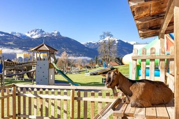 Eine Ziege genießt die Sonne direkt neben dem Abenteuerspielplatz im Familienhotel Rramsi mit traumhaftem Bergpanorama