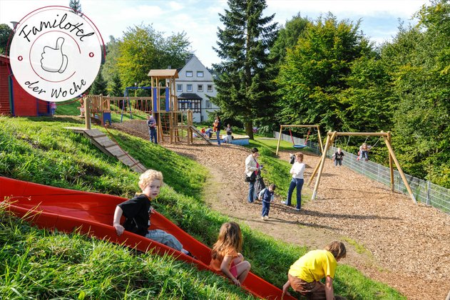 Kinder spielen auf einem Hang-Spielplatz mit roter Rutsche, Schaukeln und Klettergerüst; im Hintergrund Wald und ein Haus.