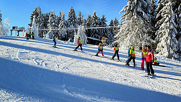 Skischule fährt den Berg hinab.