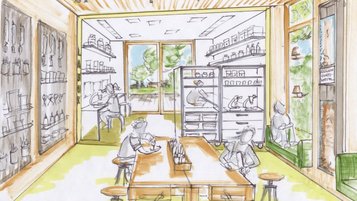 Skizze eines kreativen Naturhauses mit Werkbänken, Regalen und großen Fenstern im Feldberger Hof