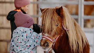 Ein Kind putzt liebevoll ein Pony auf dem Bauernhof des Hotels Habachklause im Salzburger Land, eingehüllt in winterliche Kleidung.