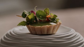 Mini-Tartelette mit glänzender grüner Creme, garniert mit Kräutern und essbaren Blüten, auf geriffeltem weißen Teller.