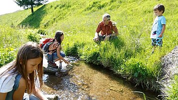Kinder spielen zusammen mit einem Erwachsenen am Bach in der Natur.