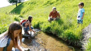 Kinder spielen zusammen mit einem Erwachsenen am Bach in der Natur.
