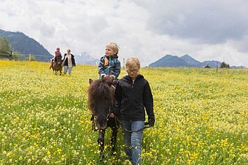 Geführtes Ponyreiten in den Bergen im Familienhotel Alphotel im Allgäu.