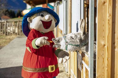 Das Maskottchen des Familienhotels Ramsi in Kärnten füttert einen Esel am Streichelzoo
