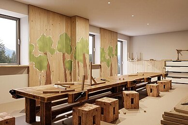 Großer, heller Raum mit einer Werk- und Bastelbank für Kinder im Familienhotel Engel Gourmet & Spa