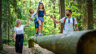 Familie wandert auf dem Seerundweg in Eging am See im Bayerischen Wald.