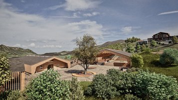 Eine Visualisierung der neuen überdachten Reithalle am Allgäuer Berghof. 