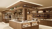 Visualisierung des neuen Buffetbereichs im Familienhotel Zauchenseehof mit moderner Holzoptik, offener Präsentation und warmem Lichtkonzept.