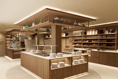 Visualisierung des neuen Buffetbereichs im Familienhotel Zauchenseehof mit moderner Holzoptik, offener Präsentation und warmem Lichtkonzept.