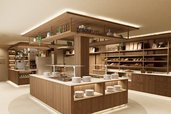 Visualisierung des neuen Buffetbereichs im Familienhotel Zauchenseehof mit moderner Holzoptik, offener Präsentation und warmem Lichtkonzept.