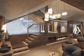 Visualisierung des neuen Spa-Bereichs im Zauchenseehof: Nach dem Umbau erwartet Gäste ein luxuriöser Wellnessbereich mit Infinity-Pool, Kamin und modernem Design – Entspannung pur im Familienhotel im Salzburger Land