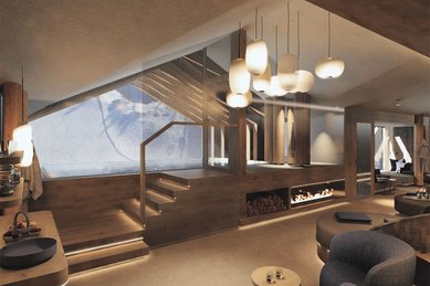 Visualisierung des neuen Spa-Bereichs im Zauchenseehof: Nach dem Umbau erwartet Gäste ein luxuriöser Wellnessbereich mit Infinity-Pool, Kamin und modernem Design – Entspannung pur im Familienhotel im Salzburger Land