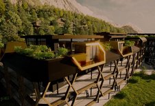 Visualisierung des Alpura Retreats mit außergewöhnlicher Architektur, begrünten Dachterrassen und Bergkulisse im Hintergrund.