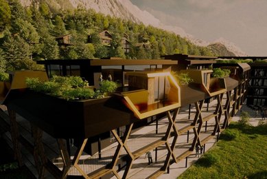 Visualisierung des Alpura Retreats mit außergewöhnlicher Architektur, begrünten Dachterrassen und Bergkulisse im Hintergrund.