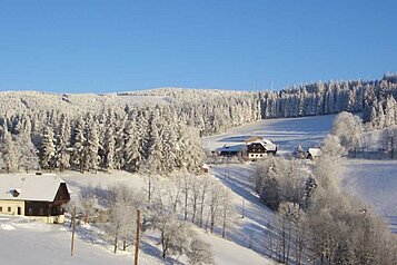 Schneebedeckte Landschaft rund um das Familienhotel Der Ponyhof Steiermark.