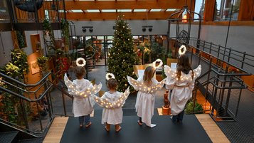 Vier Kinder stehen als Engel mit leuchtenden Flügeln und Heiligenschein auf einer Treppe im Familienhotel und singen vor einem festlich geschmückten Weihnachtsbaum.